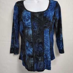 Sera Nade Burnout Velvet 3/4 Sleeve Popover Tunic‎ Women's M Lace Trim Corset